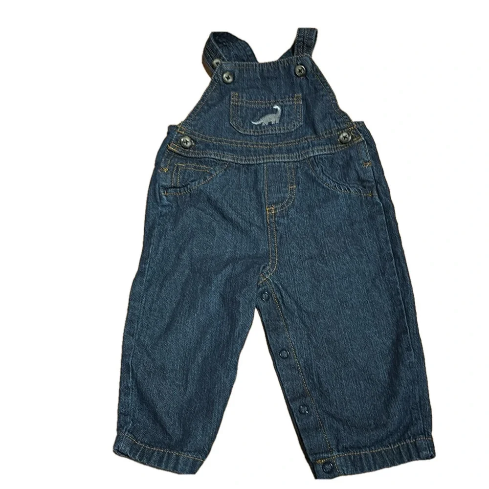 Carters dinosaur blue Jean overalls/ suspenders 9 months shorts